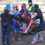 Poni-Kriteriumin voittanut Oo Sole Mio oli kiinnostunut saamastaan palkintoseppeleestä.